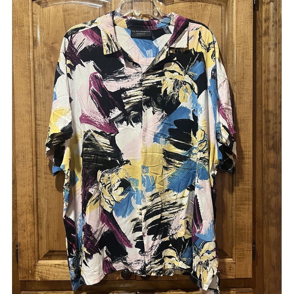 NO BOUNDARIES XXXL 3XLHAWAIIAN‎ SHIRT (54-56) SHORT SLEEVE PURPLE YELLOW BLUE